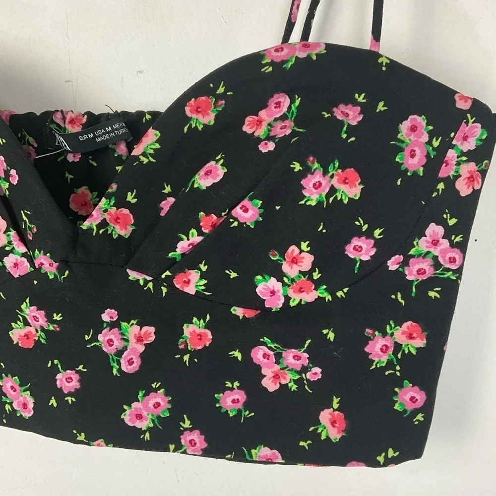 Zara Top Floral Crop‎ Bustier Black Pink Roses Viscose Corset Womens Size M NWT - Picture 4 of 10